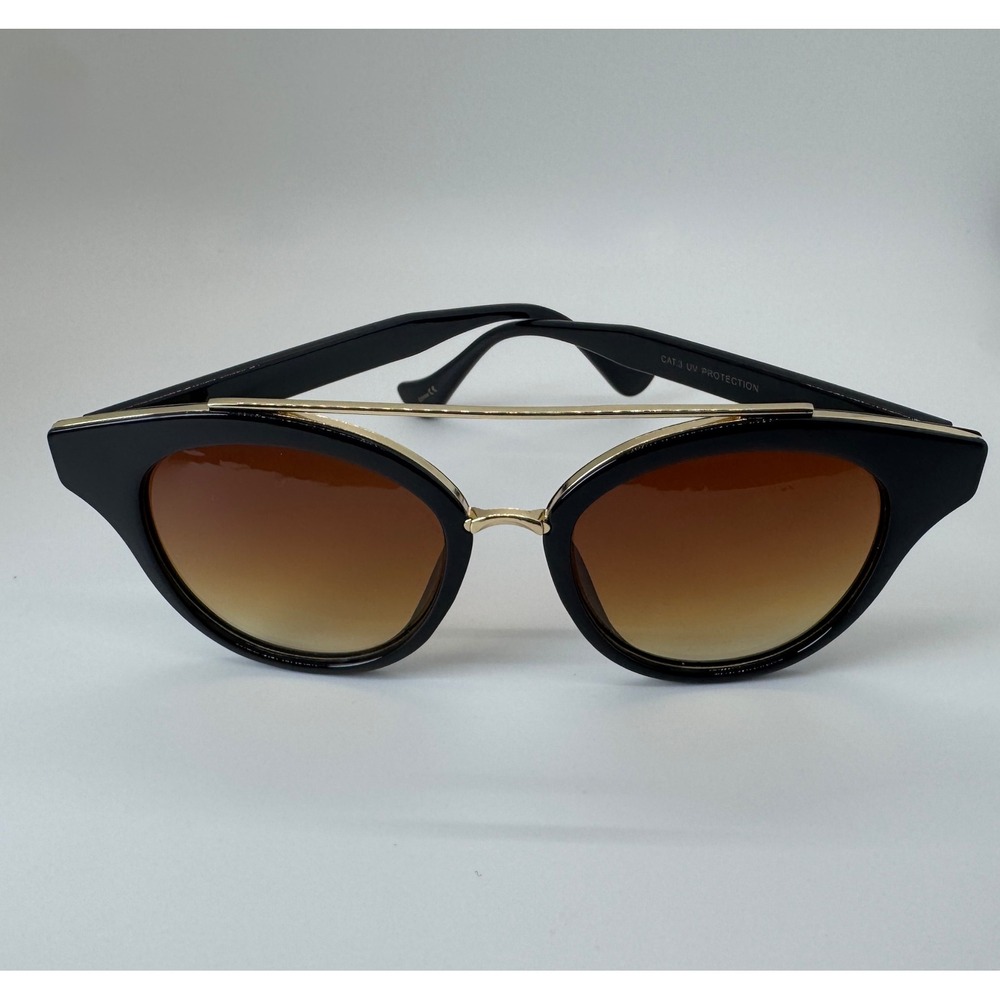 Womens Black Cat Eye Sunglasses Gold Double Bridge Gradient Brown Lens UV400
